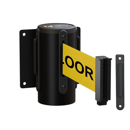 Montour Line Retr Belt Barrier Wall Mt Black Fxd, 8.5' YLW&BK "CAUTION WET FLOOR" WM115-BK-CAWETYB-F-S-85